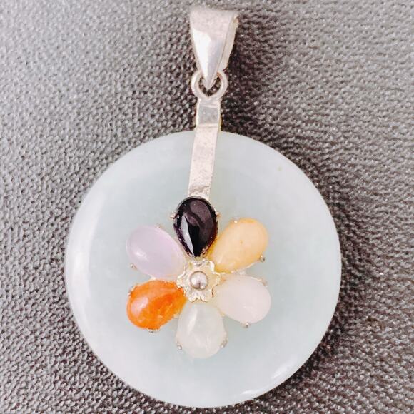 VTG Sterling Silver Jadeite Donut Pendant w/ Semi-Precious Gemstone Flower, Y2K - Picture 13 of 13